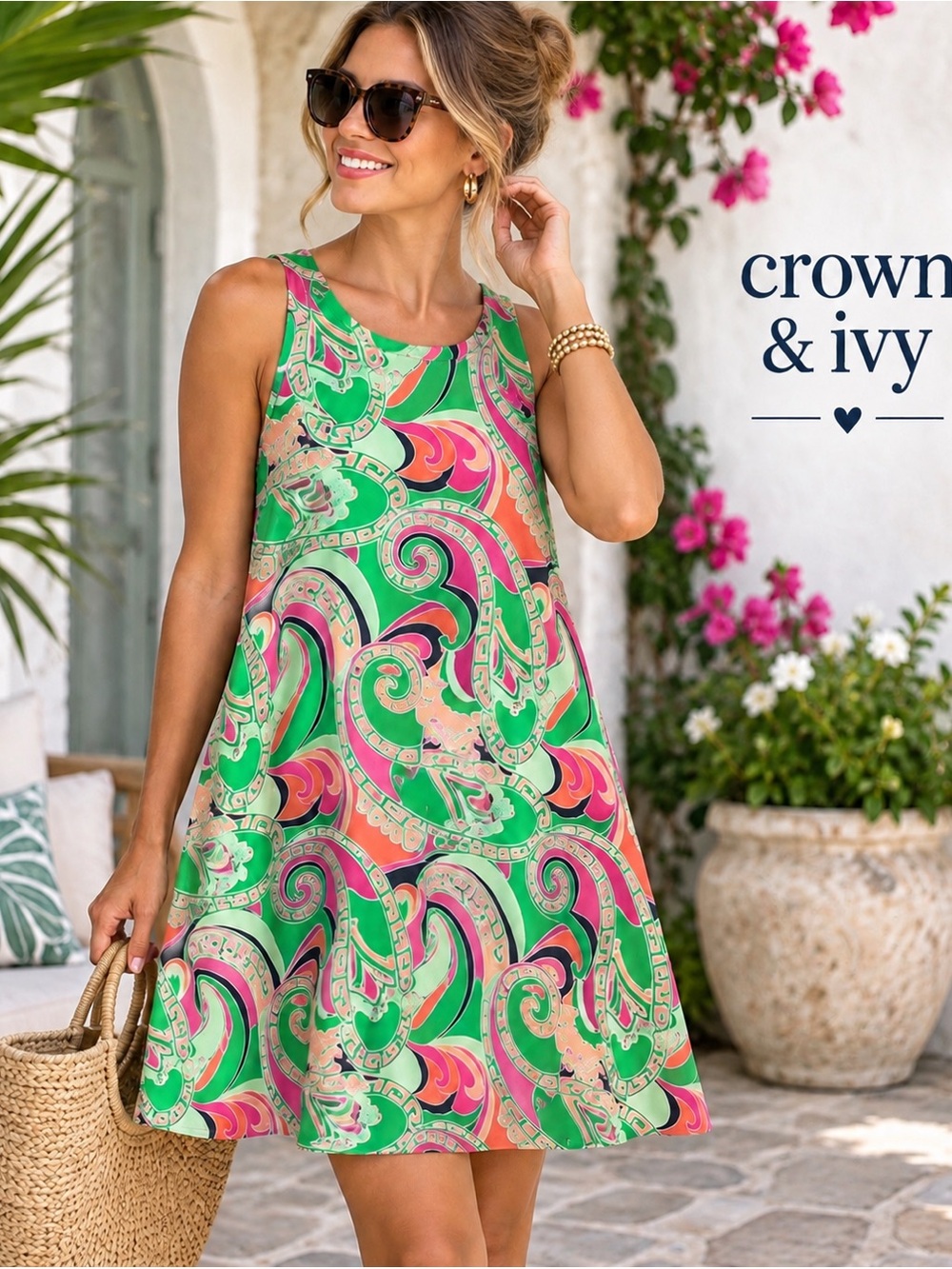 Crown & Ivy Small Paisley Swing Sundress Green Pink Rayon A-Line